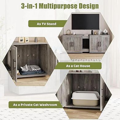 3-in-1 Double Cat Litter Box Enclosure - Hidden Double Rooms, Cat Door, Scratching Pad - Cat House