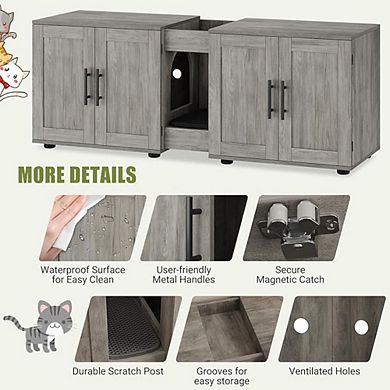 3-in-1 Double Cat Litter Box Enclosure - Hidden Double Rooms, Cat Door, Scratching Pad - Cat House