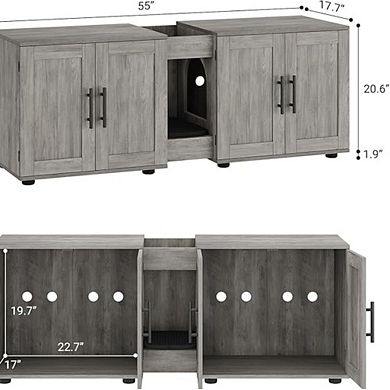 3-in-1 Double Cat Litter Box Enclosure - Hidden Double Rooms, Cat Door, Scratching Pad - Cat House
