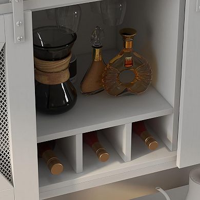 Farmhouse Coffee Bar Cabinet, Sliding Barn Door Buffet with Wine Cubbies