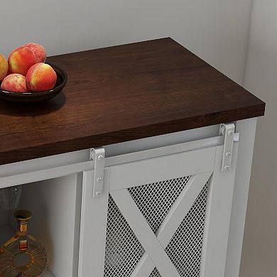 Farmhouse Coffee Bar Cabinet, Sliding Barn Door Buffet with Wine Cubbies