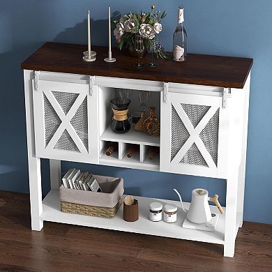 Farmhouse Coffee Bar Cabinet, Sliding Barn Door Buffet with Wine Cubbies