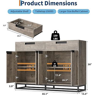 Sideboard Buffet Cabinet, 55" Large Modern Kitchen Storage Cabinet with 2 Drawers and 4 Doors