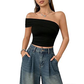 Women's One Shoulder Ruched Crop Top Asymmetrical Neck Fitted Blouse