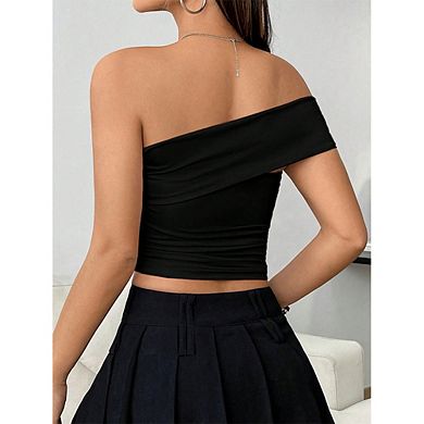 Women's One Shoulder Ruched Crop Top Asymmetrical Neck Fitted Blouse