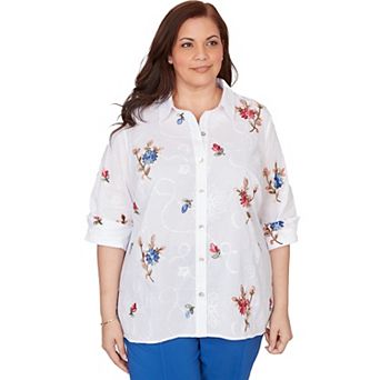 Plus Size Alfred Dunner Embroidered Flower Collared Button Front Top