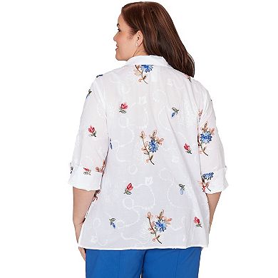 Plus Size Alfred Dunner Embroidered Flower Collared Button Front Top