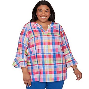 Plus Size Alfred Dunner Watercolor Split Neck Bell Sleeve Top