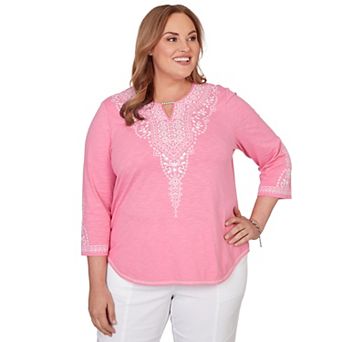 Plus Size Alfred Dunner Embroidered Split Neck Three Quarter Sleeve Top