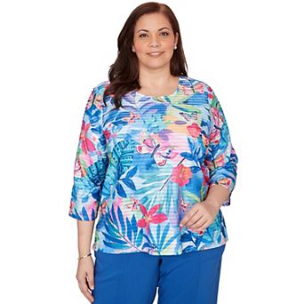 Plus Size Alfred Dunner Tropical Butterfly Ruffle Textured Top