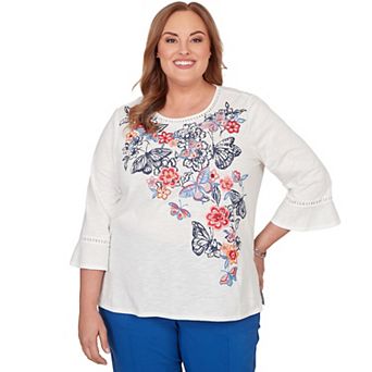 Plus Size Alfred Dunner Floral Butterfly Embroidered V-Neck Top