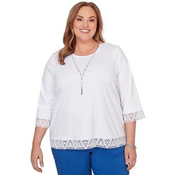 Plus Size Alfred Dunner Embellished Lace Trim Top with Necklace