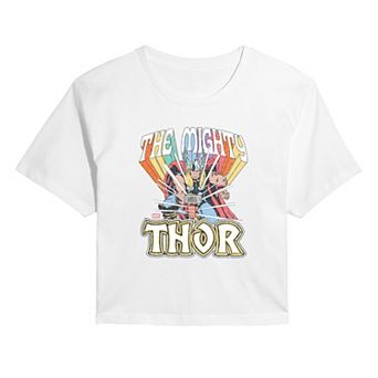 Juniors' Marvel The Mighty Thor Distressed Cropped Tee