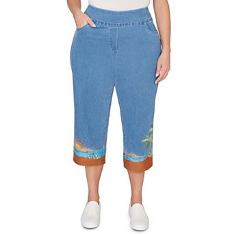 Plus Size Alfred Dunner Beach Embroidered Cuff Super Stretch Denim Capris