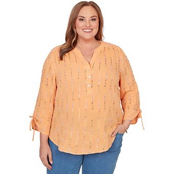 Plus Size Alfred Dunner Eyelash Gauze Textured Tie Sleeve Henley Top