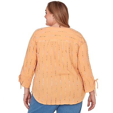 Plus Size Alfred Dunner Eyelash Gauze Textured Tie Sleeve Henley Top