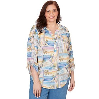 Plus Size Alfred Dunner Postcard Print Tie Sleeve Henley Top