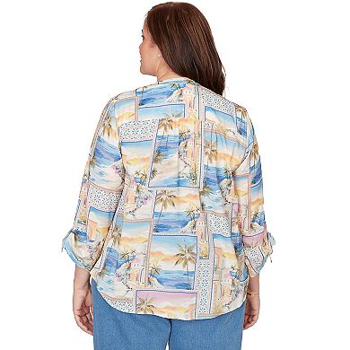 Plus Size Alfred Dunner Postcard Print Tie Sleeve Henley Top