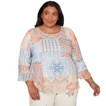 Plus Size Alfred Dunner Patchwork Medallion Ruffle Sleeve Top
