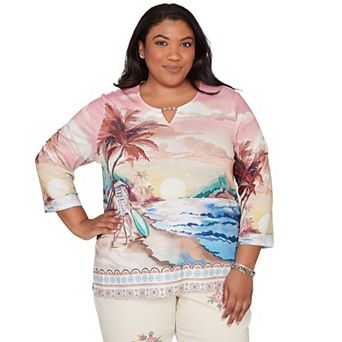 Plus Size Alfred Dunner Sunset Beach Scenic Split Neck Top