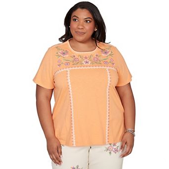 Plus Size Alfred Dunner Embroidered Floral Neck Short Sleeve Tee