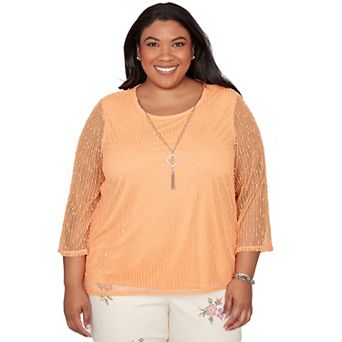 Plus Size Alfred Dunner Bright Popcorn Mesh Top with Necklace