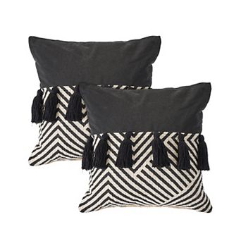 HomeRoots Set of Two Black and White Chevron Cotton Throw Pillow With Tassels