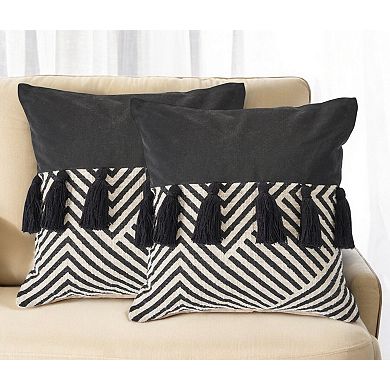 HomeRoots Set of Two Black and White Chevron Cotton Throw Pillow With Tassels