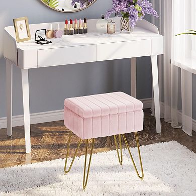Faux Fur Storage Ottoman Vanity Stool Metal Legs Padded Seat