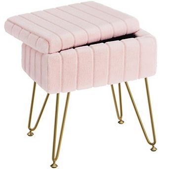 Faux Fur Storage Ottoman Vanity Stool Metal Legs Padded Seat