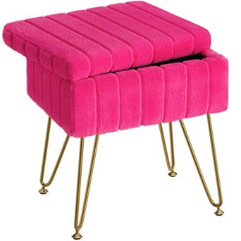 Faux Fur Storage Ottoman Vanity Stool Metal Legs Padded Seat