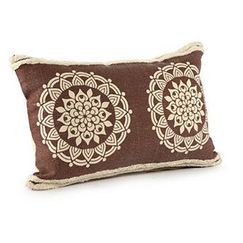 HomeRoots 16" X 24" Brown and Ivory Medallion Cotton Lumbar Throw Pillow With Texture