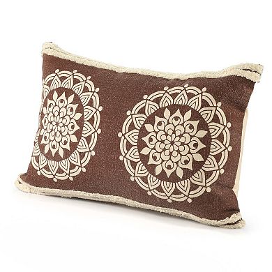 HomeRoots 16" X 24" Brown and Ivory Medallion Cotton Lumbar Throw Pillow With Texture