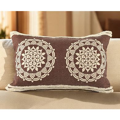 HomeRoots 16" X 24" Brown and Ivory Medallion Cotton Lumbar Throw Pillow With Texture