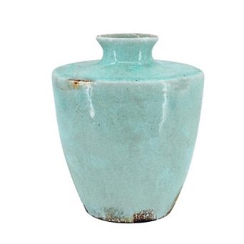 HomeRoots 12" Aqua Terracotta Crackle Glaze Round Table Vase