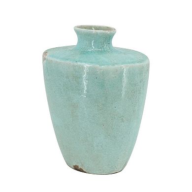 HomeRoots 12" Aqua Terracotta Crackle Glaze Round Table Vase