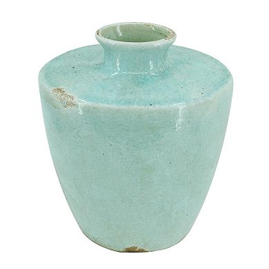HomeRoots 12" Aqua Terracotta Crackle Glaze Round Table Vase