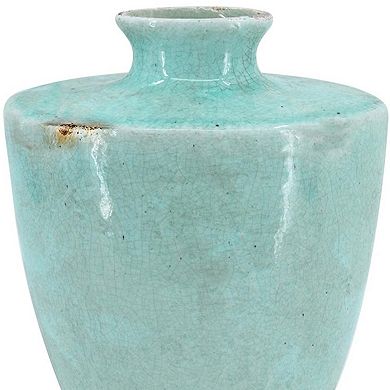HomeRoots 12" Aqua Terracotta Crackle Glaze Round Table Vase