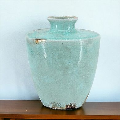 HomeRoots 12" Aqua Terracotta Crackle Glaze Round Table Vase
