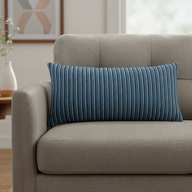 HomeRoots 14" X 26" Blue Striped Cotton Blend Lumbar Throw Pillow