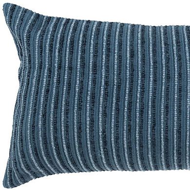 HomeRoots 14" X 26" Blue Striped Cotton Blend Lumbar Throw Pillow