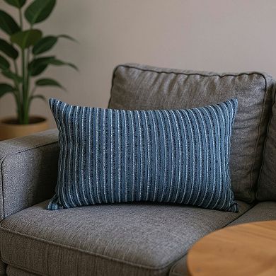 HomeRoots 14" X 26" Blue Striped Cotton Blend Lumbar Throw Pillow