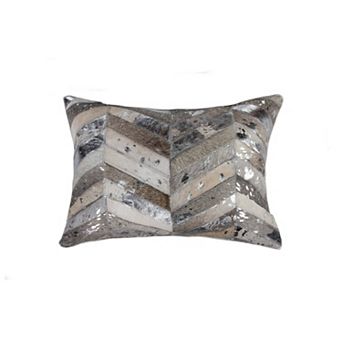 HomeRoots 12" X 20" Gray and Silver Chevron Cowhide Lumbar Throw Pillow with Glitter