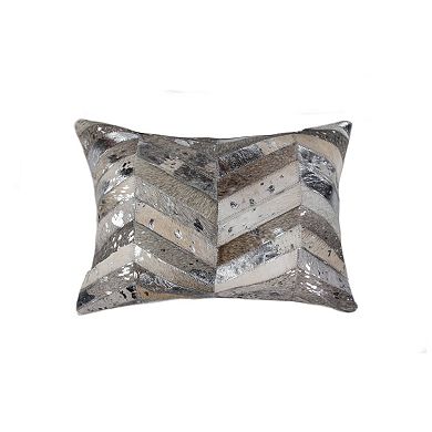 HomeRoots 12" X 20" Gray and Silver Chevron Cowhide Lumbar Throw Pillow with Glitter