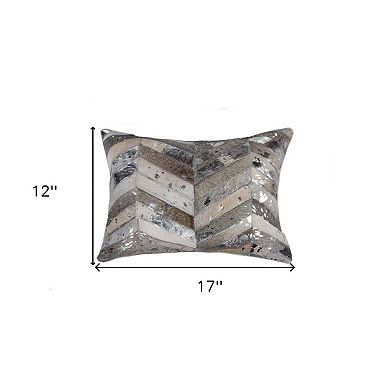 HomeRoots 12" X 20" Gray and Silver Chevron Cowhide Lumbar Throw Pillow with Glitter