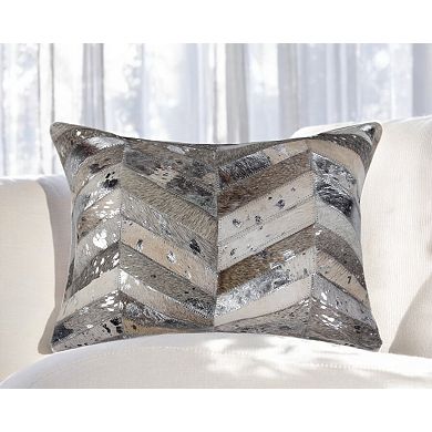 HomeRoots 12" X 20" Gray and Silver Chevron Cowhide Lumbar Throw Pillow with Glitter