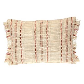 HomeRoots 14" X 20" Beige and Pink Striped Cotton Throw Pillow With Fringe