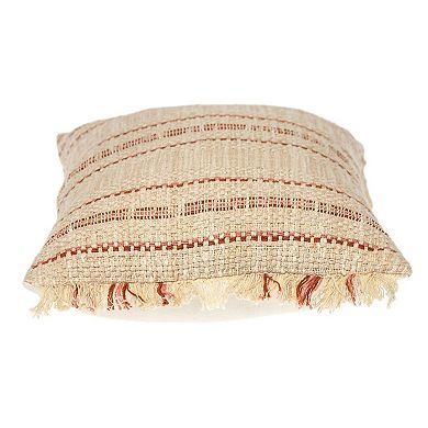 HomeRoots 14" X 20" Beige and Pink Striped Cotton Throw Pillow With Fringe