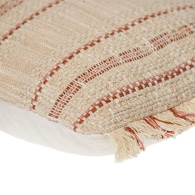 HomeRoots 14" X 20" Beige and Pink Striped Cotton Throw Pillow With Fringe