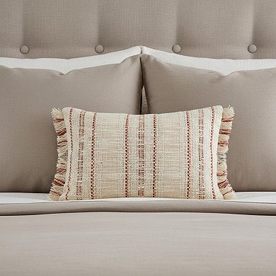 HomeRoots 14" X 20" Beige and Pink Striped Cotton Throw Pillow With Fringe